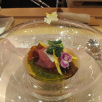 元永 - 料理写真:鮪と千枚蕪+水菜のミルフィーユ仕立てめかぶの泡とオニオンの雪