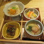 Kijima - 季節の四升料理（ふぐ皮の煮凍り、ふぐ南蛮漬け、海老湯葉巻粒そば餡かけ、茶碗蒸し）