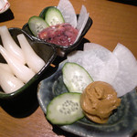 塩らっきょ、蟹味噌、ホタルイカ沖漬け