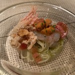 Cold cappellini with botan shrimp, fruit tomatoes, and raw sea urchin