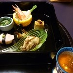 遊季の里 - 2011.12　前菜　牡蠣、えび酢味噌、湯葉豆腐など