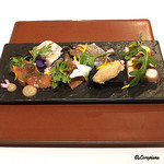 カーサ・デル・チーボ - 桜鱒ｶﾙﾊﾟｯﾁｮ､穴子ﾃﾘｰﾅ､鰊瞬間燻製､真鯛昆布〆､ｲｶｽﾐｼﾞｪﾅﾃｨｰﾅ､干し鱈ﾏﾝﾃｶｰﾄ､活蛸ﾃﾘｰﾅ