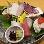 酒菜処 きっすい - お刺身盛り合わせ(1,890円)
            ②鰹のタタキ
            ③勘八
            ④障泥烏賊
            ⑤鱧の湯引き梅肉ソース
            ⑥本鮪赤身
            ⑦鮃(縁側&身)
            ⑧真蛸
            1種類１切れずつ、色々と頂けるのが嬉しい♪