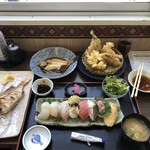 Nabura - 地魚すし定食、皮はぎの煮付、桜ダイ塩焼、単品天ぷら