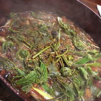 柳家錦 - 鍋：山菜、茸、イノシシ、豆味噌で。 豆味噌の汁が美味しい！山菜とキノコがたっぷり。かなり好み。