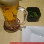 Uotami - 生ビール、お通し