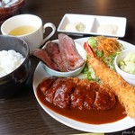 Yama No Ue Kafe Kisen - 2019年2月　セットランチ（ミンチカツとエビフライ1尾）+ローストビーフ【1000+300円】ご飯おかわりできます～