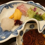 鳥田中 - お造り(真子鰈、アオリ烏賊、伊佐木、紫雲丹)