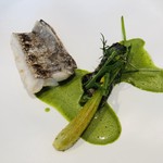 エスキス - 太刀魚　ナスとウイキョウ　豚の背脂　葛粉とパルメザンチース　茄子のロメインレタス巻き　パセリとルッコラの野菜ソース