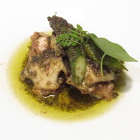 Recette - 温製オードブル～柔らかく蒸し上げたアワビ タケノコ リードヴォー（仔牛の胸腺肉）極太のアスパラガスのソテー 木の芽を使ったジェノベーゼ仕立て