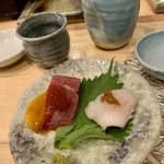 熟成魚と酒ドットジェイピー春夏冬 - 本マグロ天身黄身醤油、はも焼き霜、味噌麹で