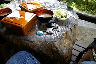 Oshidate Sabou - 外のテラス。大きな木が机とイスになっていてイイカンジです。