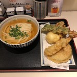 手打うどん 長谷沼 - かけうどん冷(小) 天ぷら5点盛