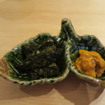 銀座いち分 - 蒸し鮑肝和え、釧路蝦夷バフンウニ