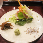 滋味 康月 - 鱒のお造り。刻み生山葵と、胡麻岩塩でいただくのが新鮮ですね(((o(*ﾟ▽ﾟ*)o)))