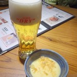 原始焼き 北海道 - 生ビール中とお通しの茶碗蒸し