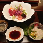 有栖川 清水 - お造り  おこぜ洗い  鮪  ミル貝  縞海老
                    褄一式    大葉  花穂  紫芽  
                                    山葵  飾り野菜
         