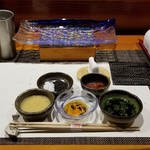 Sushisho Nomura - 酢味噌、醤油、ポン酢、梅肉(鹿児島・和歌山等)、塩(鹿児島・坊津)、黒胡麻(鹿児島)