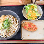 駅前うどん - ぶっかけ（冷）中サイズ＆レンコン天と、無料野菜