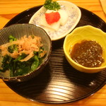 霧島 - 先付け（お浸し、蒲鉾明太、もずく酢）