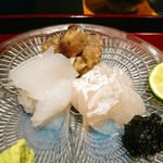 日本料理 晴山 - 刺身　１）真子ガレイ　２）剣先烏賊　３）鯵味噌たたき
