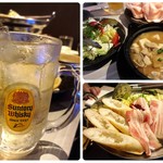 Kanzen Koshitsu Izakaya Hoshiyo No Utage - 左:ハイボール 右上:もつ煮みたいなのとか 右下:きりたんぽ鍋らしい