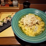 麺匠の心つくし つるとんたん - あおさ餡かけ玉子とじ仕立て 白海老かき揚げのおうどん ＋ 穴子棒寿司