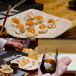 鮨旬美西川 - 名物、剣先イカとウニの握り