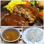 焼肉プリンス&喫茶 - ＊ハンバーグの断面、ジューシーさには欠けますけれど、柔らかい食感。 ＊ご飯は質がよく美味しい（お代わり可能） ＊スープ（お代わり可能）