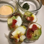 Spring rolls with soft-boiled egg and avocado
