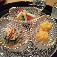 まき村 - 玉蜀黍手鞠揚げ、新蓮根ゴマあえ、パプリカ 長芋 南瓜 酢の物