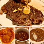 龍宮城スパホテル三日月 - 夕食ビッフェで私が食べた品
      ステーキ、海老チリ、フカヒレのスープ、食事のカレーライス(^^)