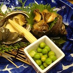 島津寿し - ◆追加単品　（鮑あわび造り、オコゼ造り、車エビ造り、鮑サザエ煮、焼きナス） 2019年06月