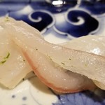 馳走 啐啄一十  - ⑦白鱚(愛媛県来島海峡産、5日寝かせ)
      産卵期は初夏～秋、旬は春～夏。
      皮に独特の風味があり、薄皮を引いて皮下の旨みをダイレクトに味わいます。
      腹身は甘い旨み、背身は筋肉質で力強い旨み