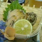 島津寿し - ◆追加単品　（鮑あわび造り、オコゼ造り、車エビ造り、鮑サザエ煮、焼きナス） 2019年06月