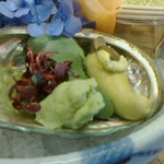 島津寿し - ◆追加単品　（鮑あわび造り、オコゼ造り、車エビ造り、鮑サザエ煮、焼きナス） 2019年06月