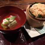 ゆふいん  月燈庵 - 鯛と桜海老おこわ  蓮豆腐