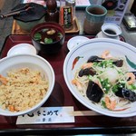 華元 - 茄子の揚げ浸しと海老とオクラの冷製蕎麦のセットは８９０円です。