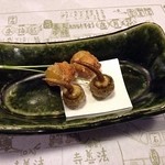 浪速割烹 㐂川 - 餅銀杏の蝦挟み揚　玉葱姑からあげ