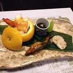 浪速割烹 㐂川 - 魚介（蝦・帆立・雲丹）とエリンギの柚子釜やき・千社頭しゃきしゃき水雲・本諸子の梅たれやき