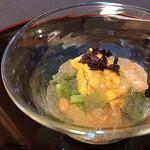 御料理 寺沢 - 赤貝､葉山葵､生海胆 柑橘ｼﾞｭﾚ掛け