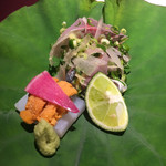 赤坂 渡なべ - お造り：鯵のたたき、烏賊、雲丹 鯵が美味しい！タタキになっていました。日本酒に合いますね。 雲丹が甘い。