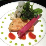 軽く燻香をつけたサーモンムース　～トマトクーリー・バジルマヨネーズ～