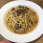 やみつきホルモン利久 - 豚ホルモン味噌カルボナーラパスタ（税込500円）