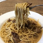 やみつきホルモン利久 - 豚ホルモン味噌カルボナーラパスタ