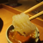 もと井 - お造り：目の前で骨切りされたばかりの鱧の炙り、タップリの雲丹、カレーのえんがわ、牡丹海老 を エシャッロット入りのポン酢 と 醤油で頂きます。　　　　　2019.06.01