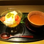 もと井 - デザート：嶺岡豆腐、パッションフルーツ、宮崎マンゴー 4L、すいか と そば茶。　　　　　2019.06.01