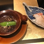 野嵯和 - ミル貝、芝海老を熱々椎茸風味のとろみ出汁といっしょに