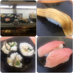かっぱ寿司 - 炙り上穴子・とろ〆鯖巻き・大とろ1貫