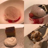 カンテサンス - メレンゲの下にはスイカなど季節のフルーツ。
                    ヘーゼルナッツとアマレットの効いた大人のケーキ。